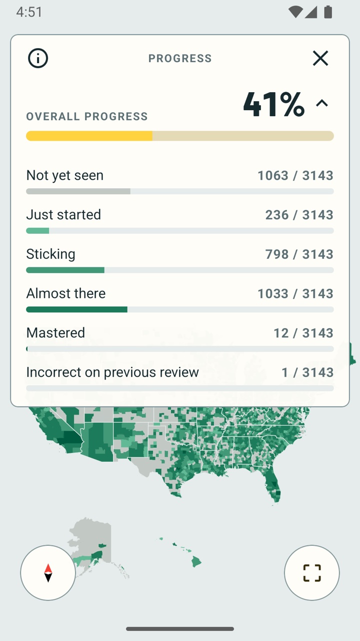 Progress card with overall progress and counts per learning status over a green progress map